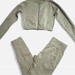Sage Green Cropped Zip-Up Jacket and Leggings Set